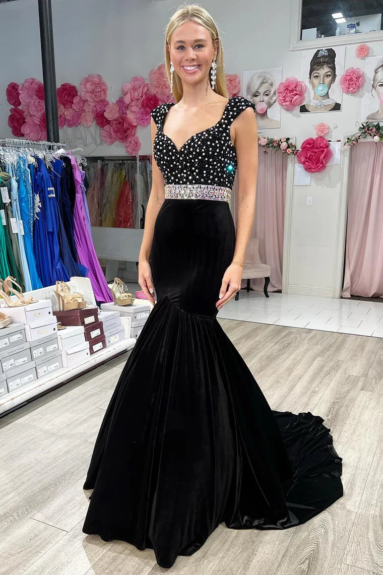 Velvet V-Neck Cap Sleeves Beaded Mermaid Formal Evening Dress