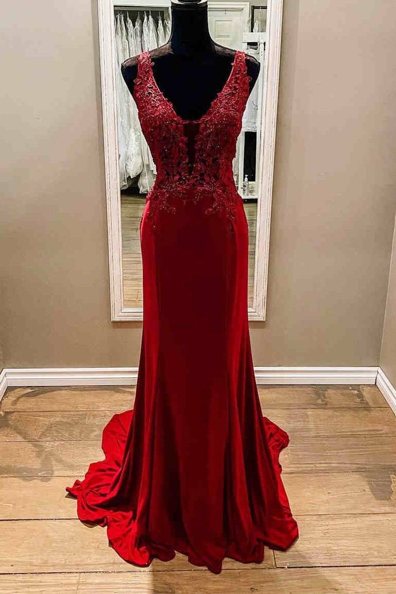 Velvet V-Neck Sleeveless Appliques Mermaid Long Prom Dress