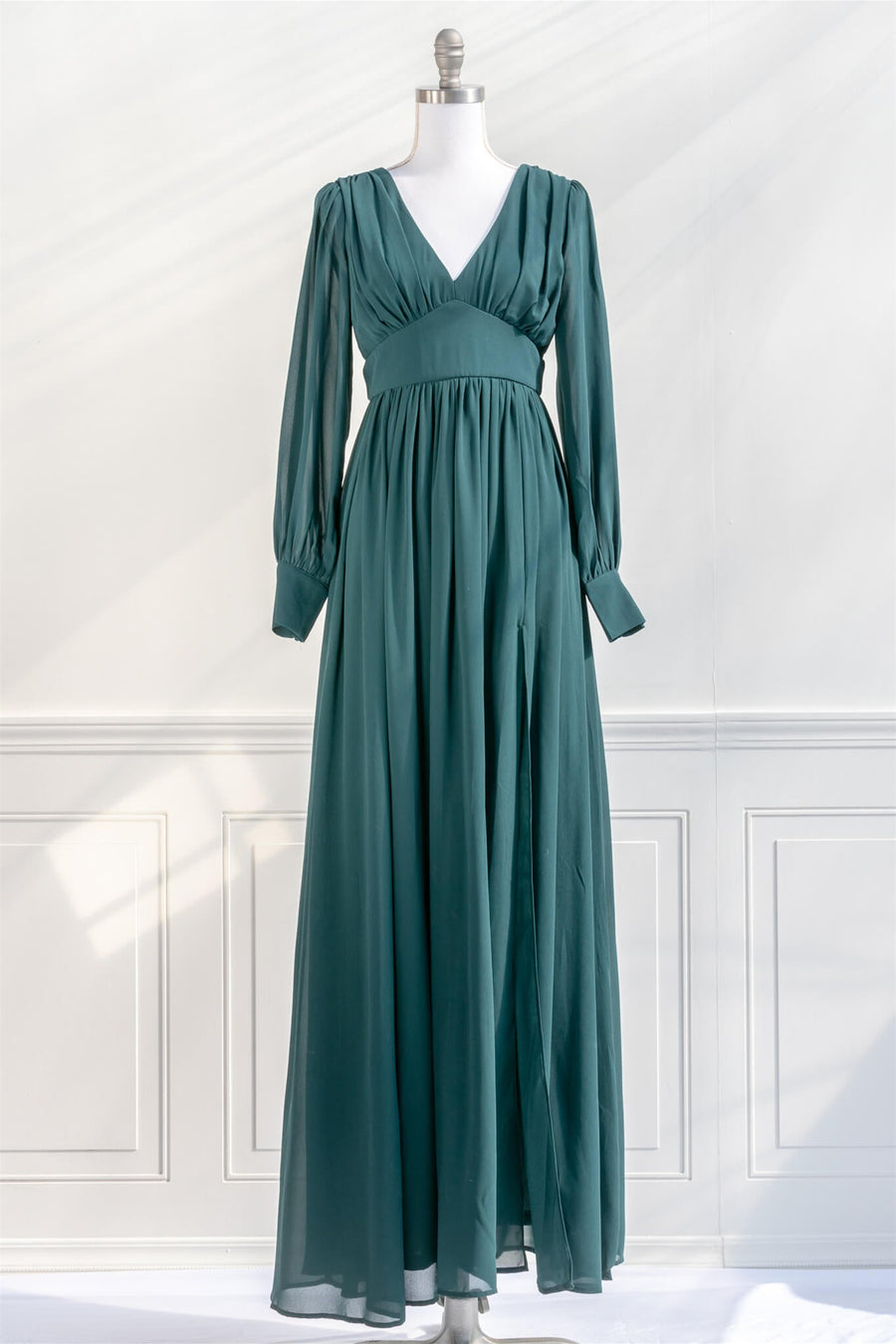 Pine Deep V Neck Long Sleeves Empire Chiffon Long Prom Dress 