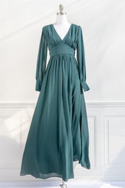 Pine Deep V Neck Long Sleeves Empire Chiffon Long Prom Dress