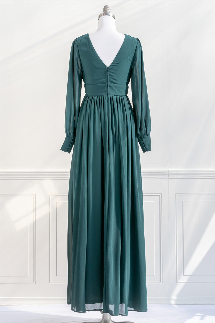Pine Deep V Neck Long Sleeves Empire Chiffon Long Prom Dress