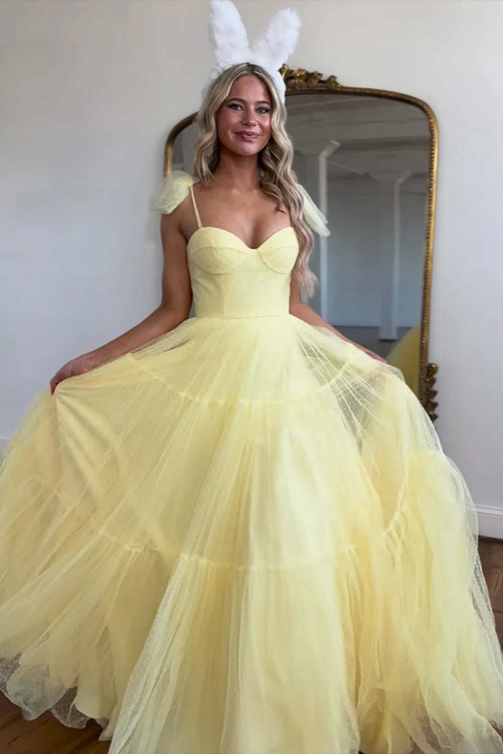 Yellow Tulle A-Line Sleeveless Party Prom Dress