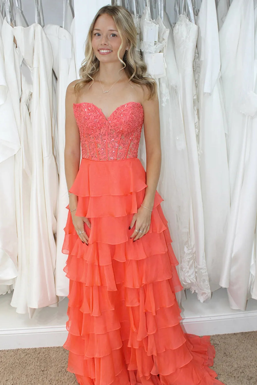 Sweetheart Strapless A-Line Appliques Tiered Party Prom Dress