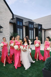 Watermelon Satin Mermaid One Sholder With Bow Bridesmaid Dress
