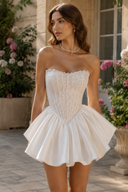 White A-Line Strapless Lace And Satin Lace-Up Pleated Homecoming Dress