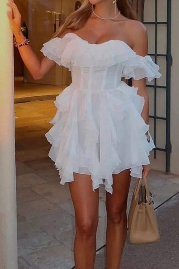 White Ruffle Off-Shoulder Chiffon Ruffle A-Line Summer Party Dress