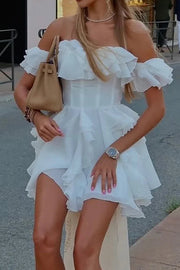 White Ruffle Off-Shoulder Chiffon Ruffle A-Line Summer Party Dress