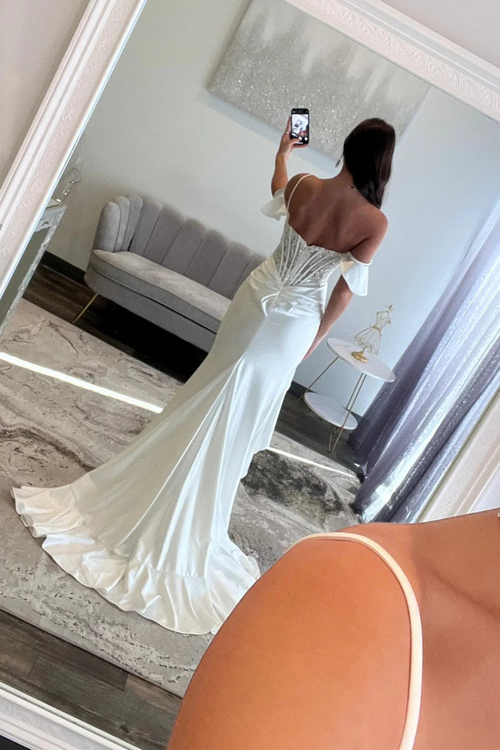 White Ruffle Off-Shoulder Mermaid Party Prom Dress With Leg Slit