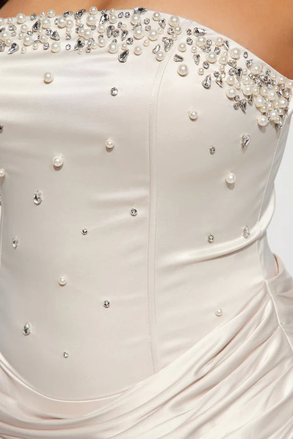 White Satin Fitted Beaded Strapless Ruched Empire Party Homecoming Dress