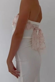 White Satin Strapless Bodycon Maxi Party Prom Dress With Lace Top