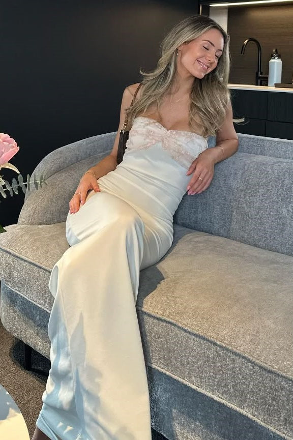 White Satin Strapless Bodycon Maxi Party Prom Dress With Lace Top