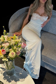 White Satin Strapless Bodycon Maxi Party Prom Dress With Lace Top