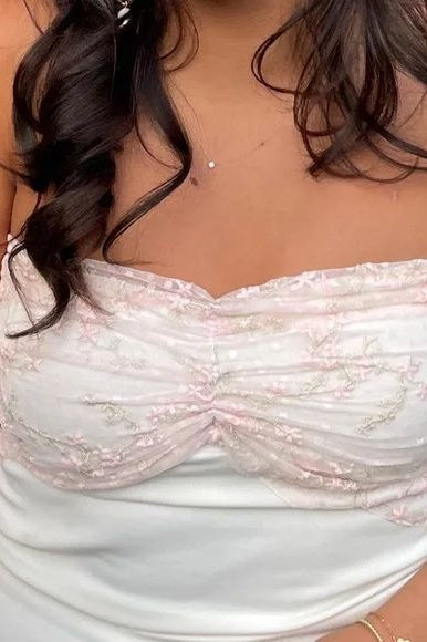 White Satin Strapless Bodycon Maxi Party Prom Dress With Lace Top