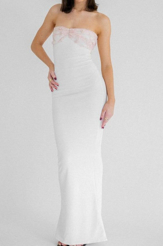 White Satin Strapless Bodycon Maxi Party Prom Dress With Lace Top