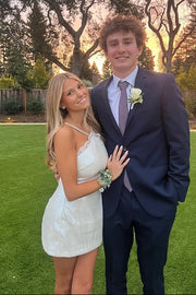 White Sequin A-Line Halter Mini Party Homecoming Dress