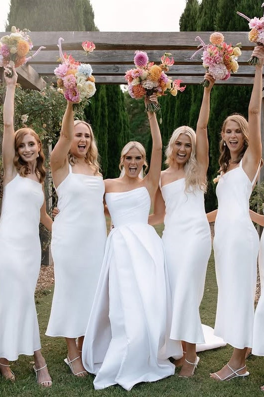 White Square Spaghetti Straps Mermaid Bridesmaid Dress