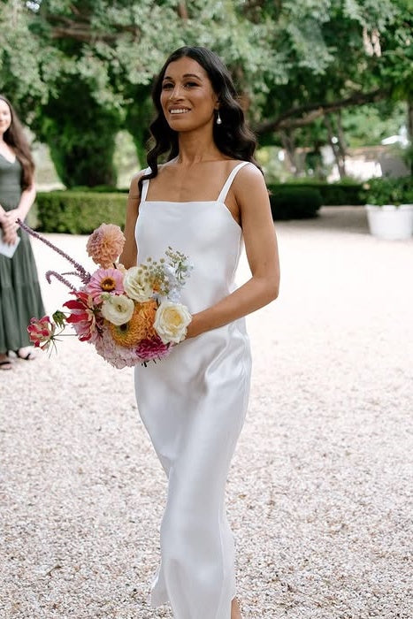 White Square Spaghetti Straps Mermaid Bridesmaid Dress