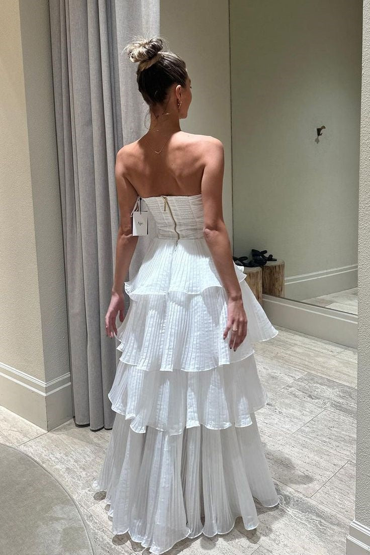 White Strapless Chiffon A-Line Empire Tiered Party Prom Dress