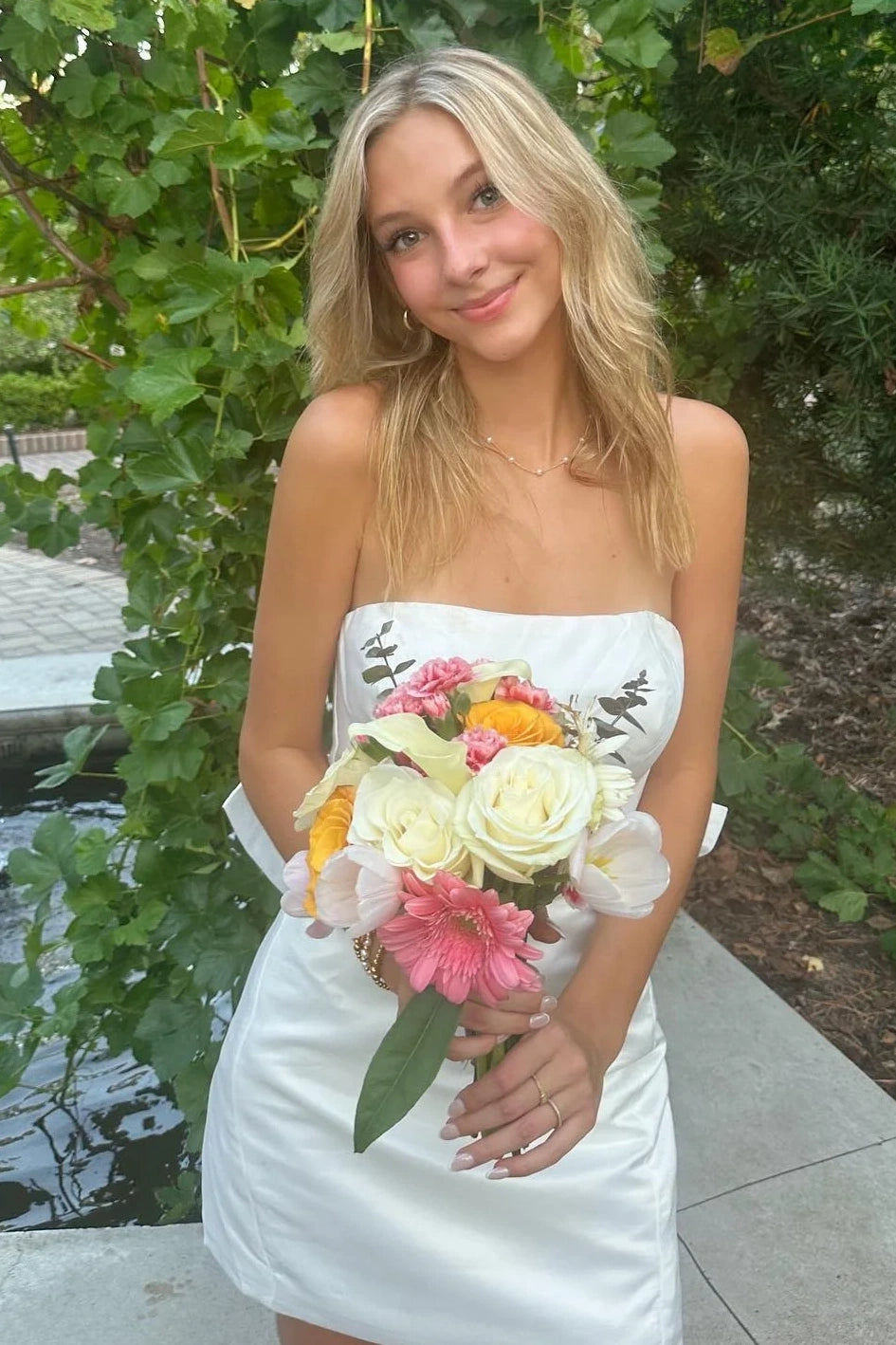 White Strapless Satin Party Homecoming Dress With Bow