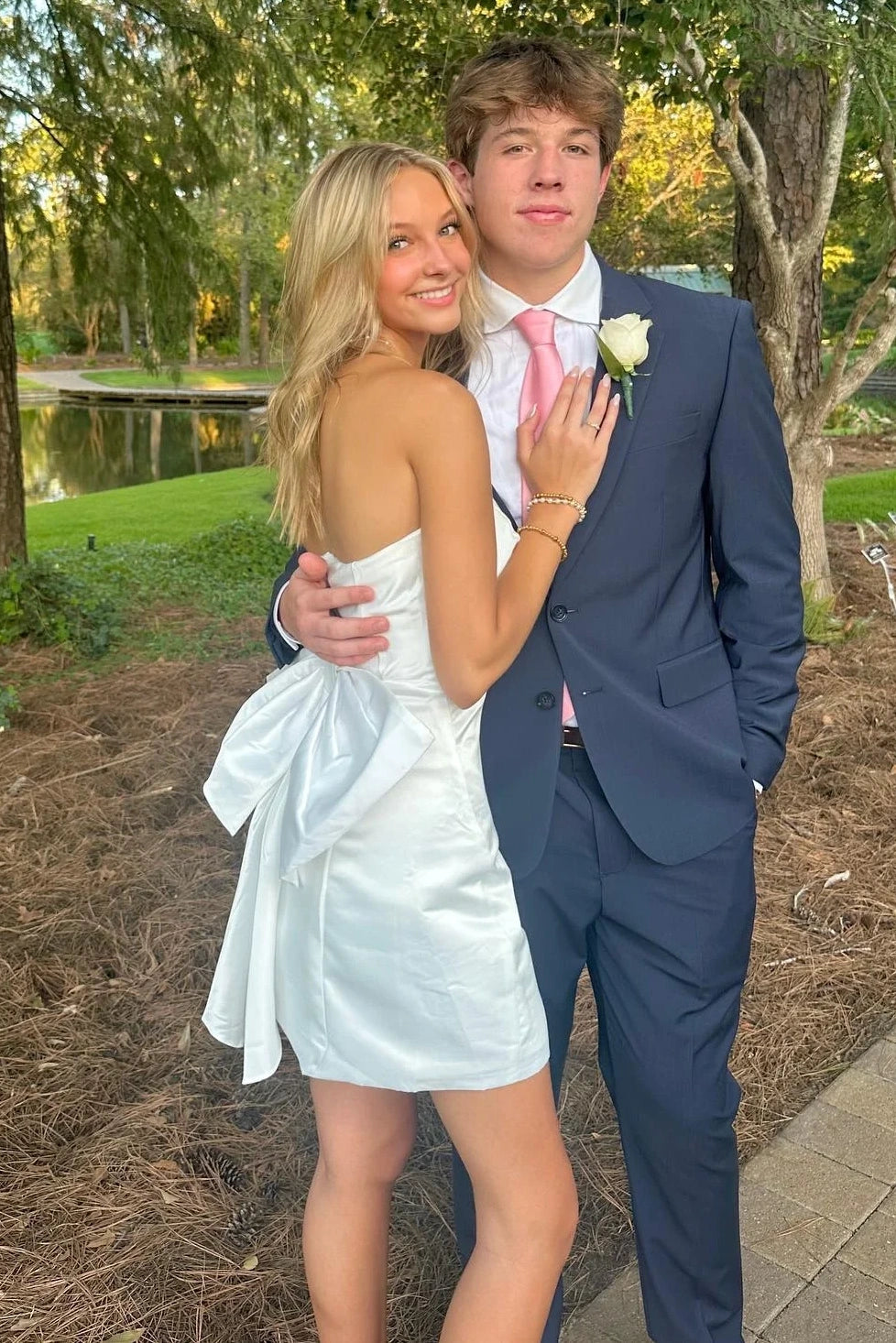 White Strapless Satin Party Homecoming Dress With Bow