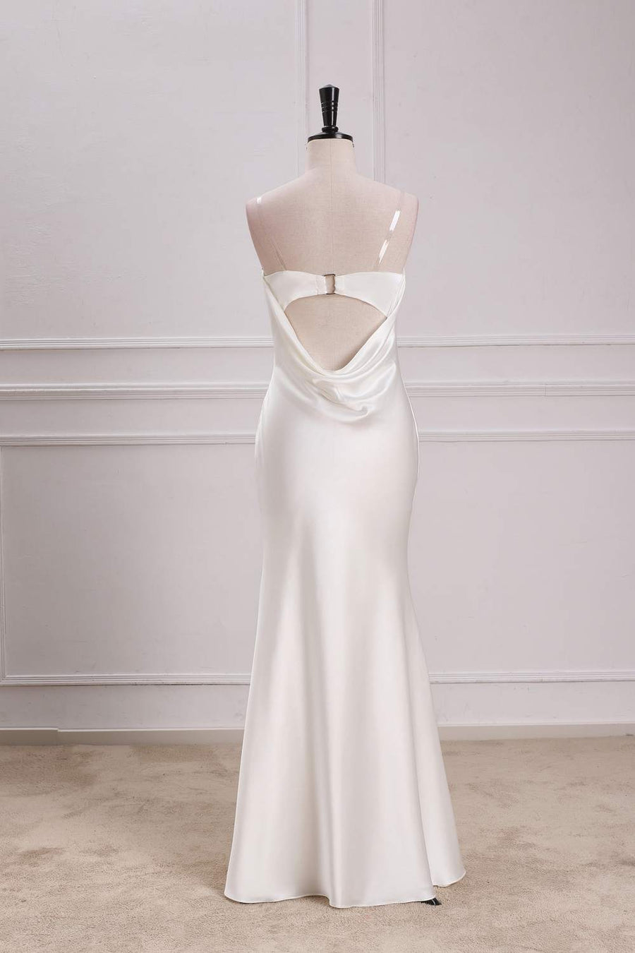 White Strapless Cowl Back Mermaid Satin Long Bridesmaid Dress backside