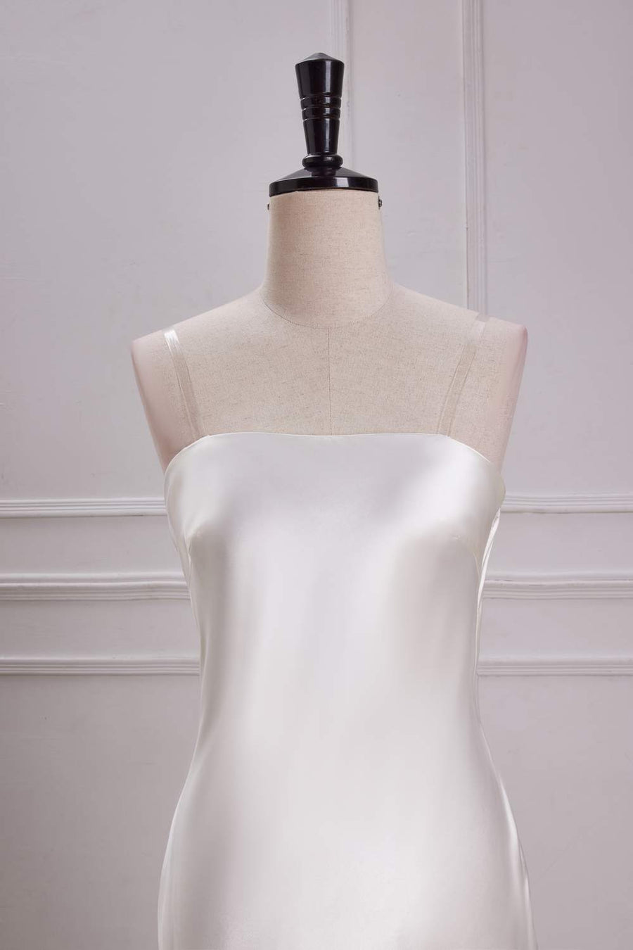 White Strapless Cowl Back Mermaid Satin Long Bridesmaid Dress front closeup