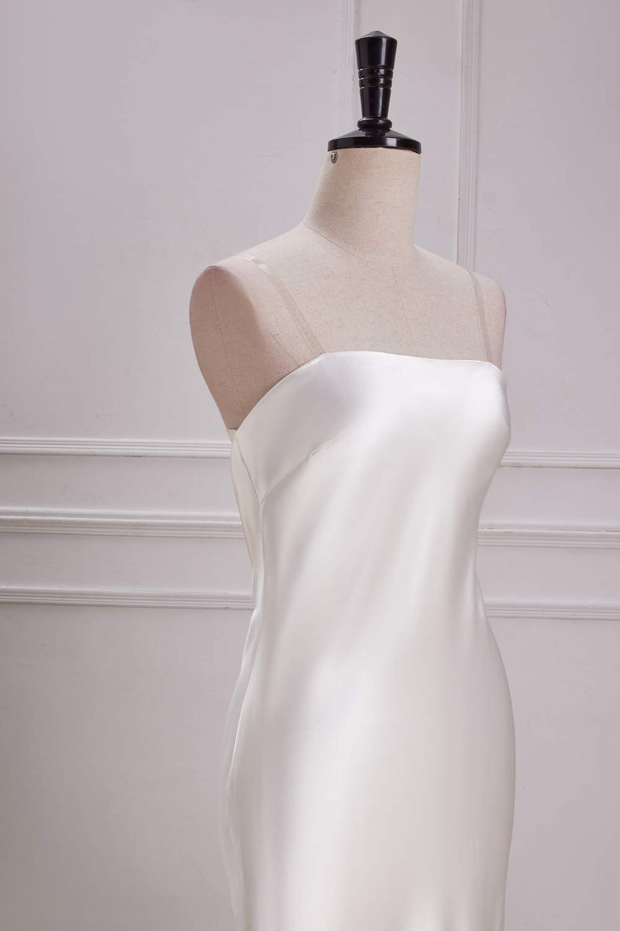 White Strapless Cowl Back Mermaid Satin Long Bridesmaid Dress front left side
