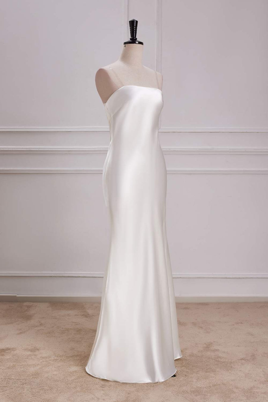 White Strapless Cowl Back Mermaid Satin Long Bridesmaid Dress full front left side