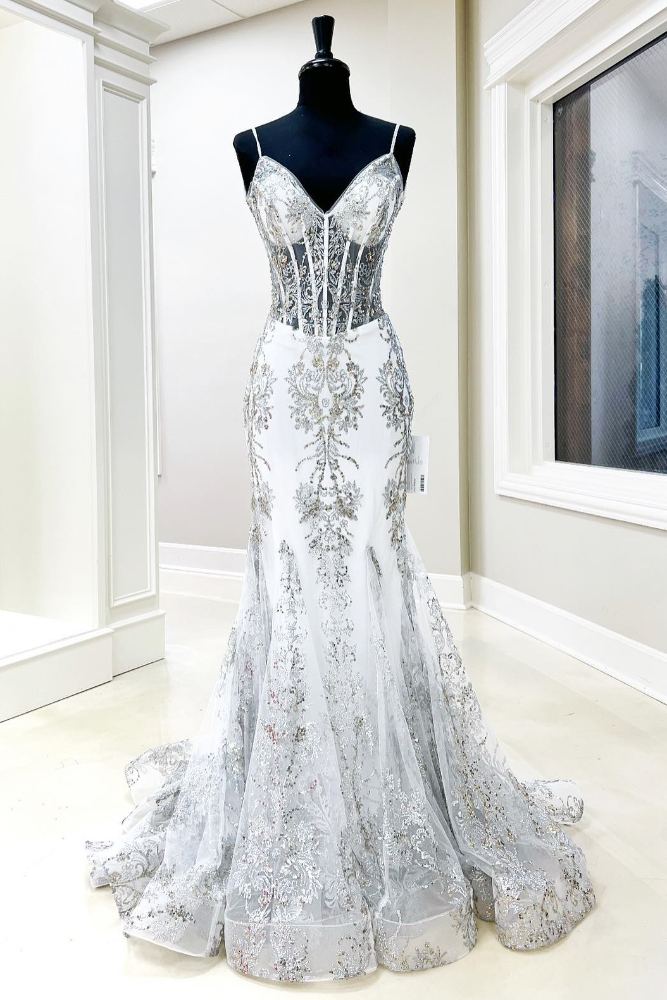 White Straps V-Neck Applique Mermaid Prom Dress front full shot
