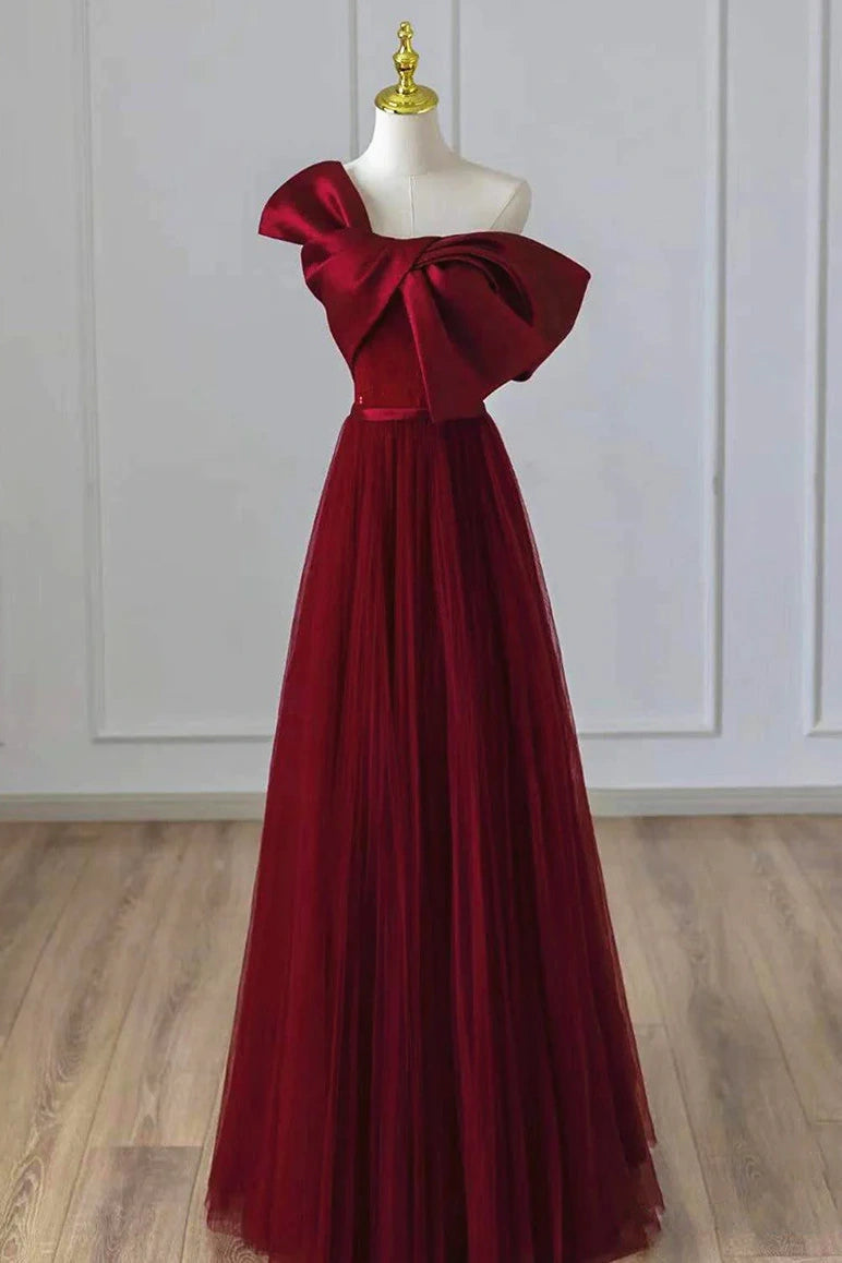 Wine Red One Shoulder A-Line Formal Party Prom Dress