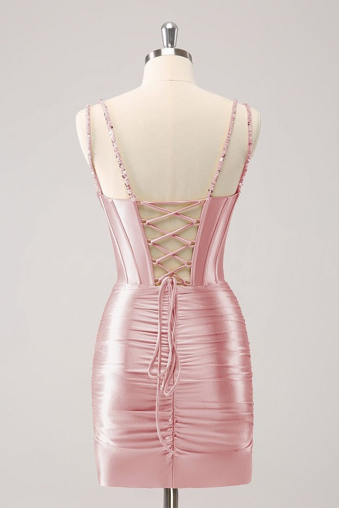 Women Gorgeous Blush Homecoming Dress with  Bodycon Corset Short Prom Dress Back View