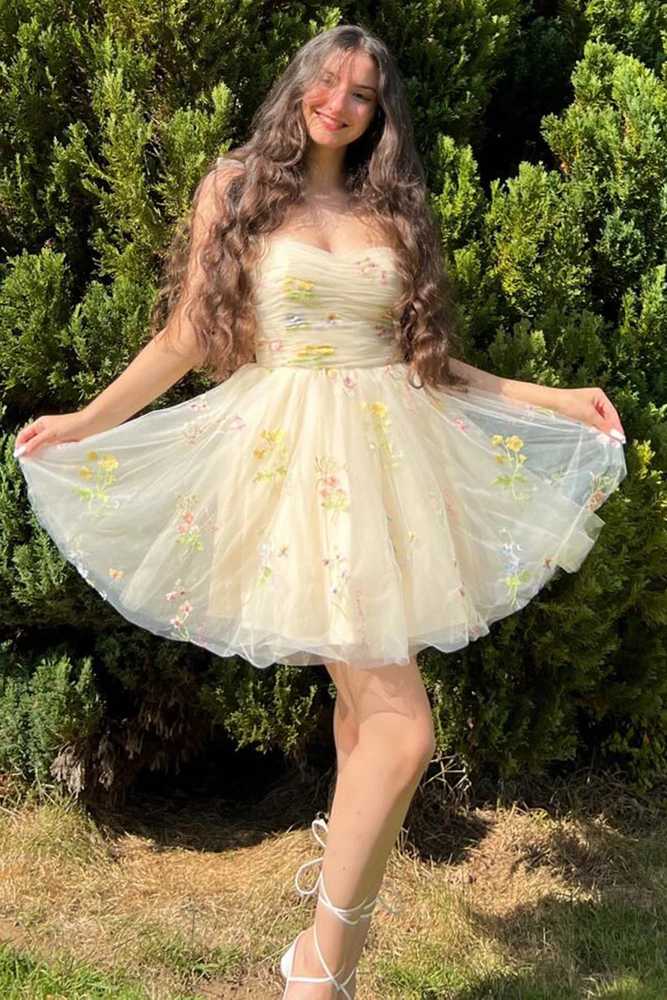 A Line Short Floral Embroidery Homecoming Dress