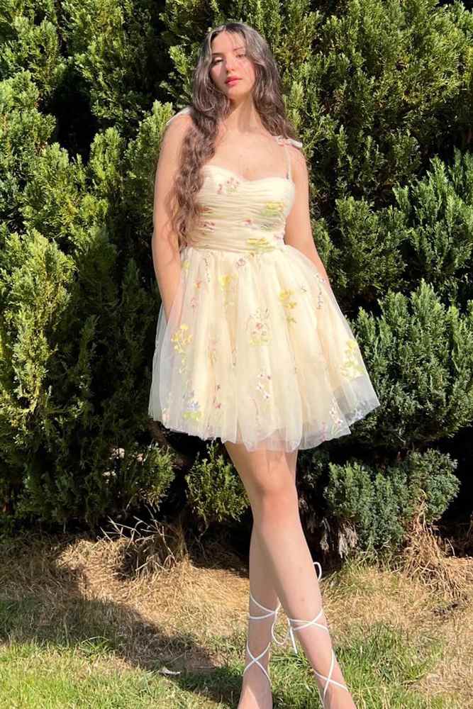 A Line Short Floral Embroidery Homecoming Dress