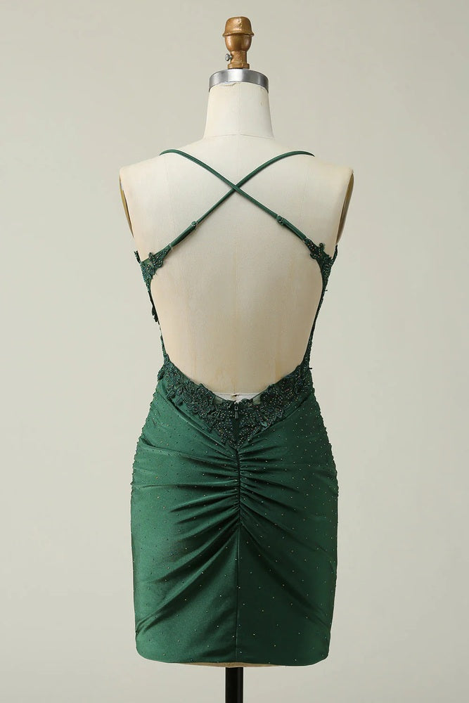 Bodycon Spaghetti Straps Green Short Homecoming Dress with Appliques