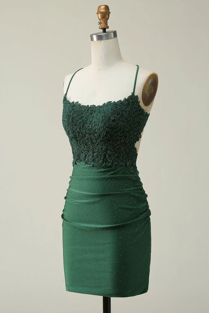 Bodycon Spaghetti Straps Green Short Homecoming Dress with Appliques | Joyofdress Bodycon Spaghetti Straps Green Short Homecoming Dress with Appliques | Joyofdress