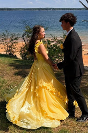 Yellow A-Line Empire Straps Floral Ruffle Party Prom Dress