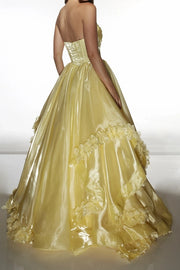 Yellow A-Line Empire Straps Floral Ruffle Party Prom Dress