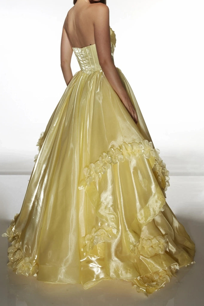 Yellow A-Line Empire Straps Floral Ruffle Party Prom Dress