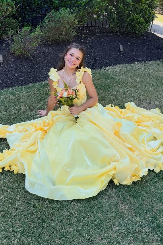 Yellow A-Line Empire Straps Floral Ruffle Party Prom Dress