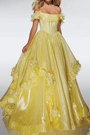 Yellow A-Line Empire Straps Floral Ruffle Party Prom Dress