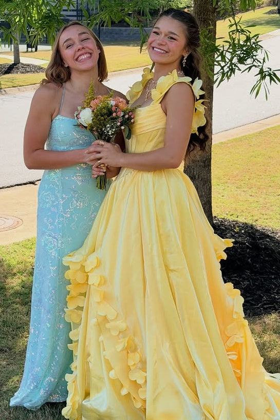 Yellow A-Line Empire Straps Floral Ruffle Party Prom Dress