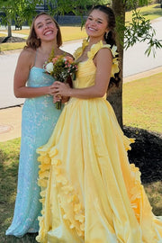 Yellow A-Line Empire Straps Floral Ruffle Party Prom Dress