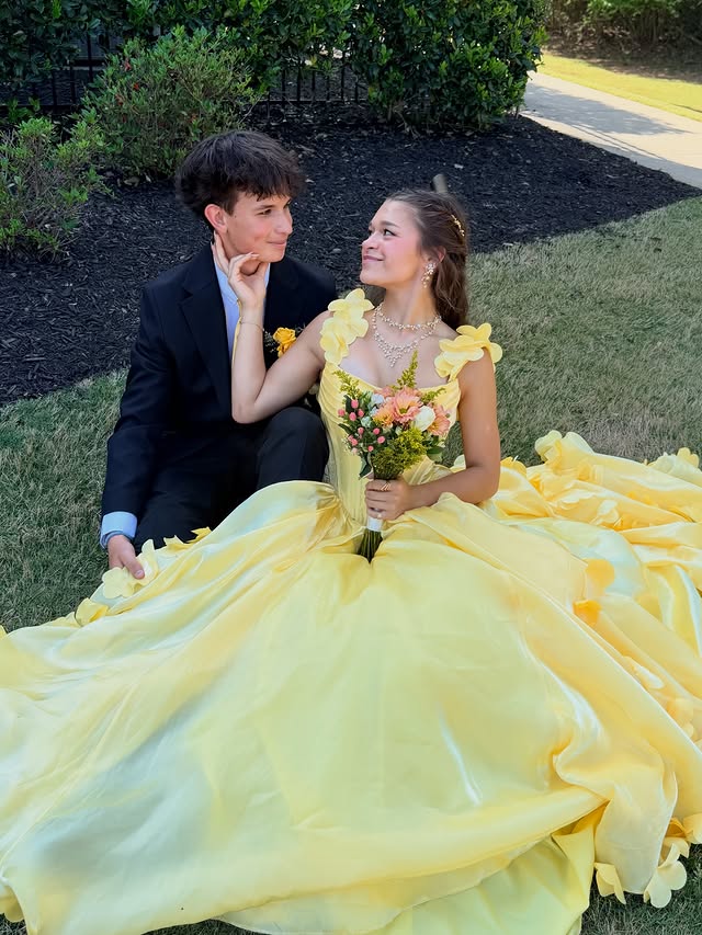 Yellow A-Line Empire Straps Floral Ruffle Party Prom Dress
