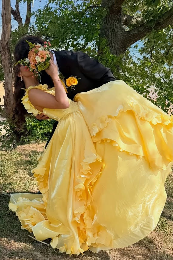 Yellow A-Line Empire Straps Floral Ruffle Party Prom Dress