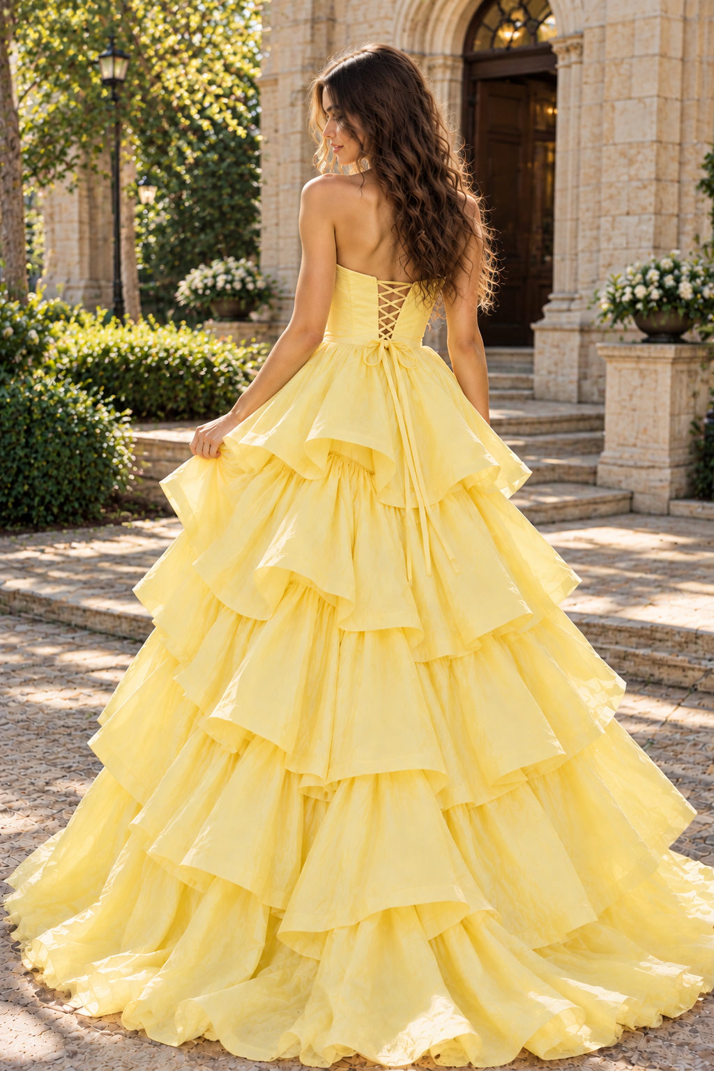 Yellow Beaded Strapless A-Line Satin Party Prom Dress With Ruffle Train