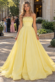 Yellow Beaded Strapless A-Line Satin Party Prom Dress With Ruffle Train