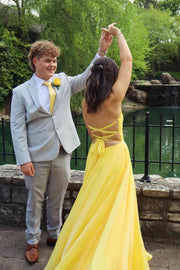Yellow Chiffon A-Line Strapless Lace-Up Long Party Prom Dress