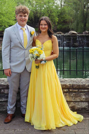 Yellow Chiffon A-Line Strapless Lace-Up Long Party Prom Dress