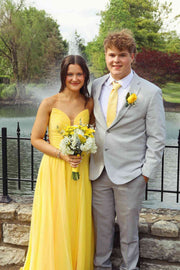 Yellow Chiffon A-Line Strapless Lace-Up Long Party Prom Dress