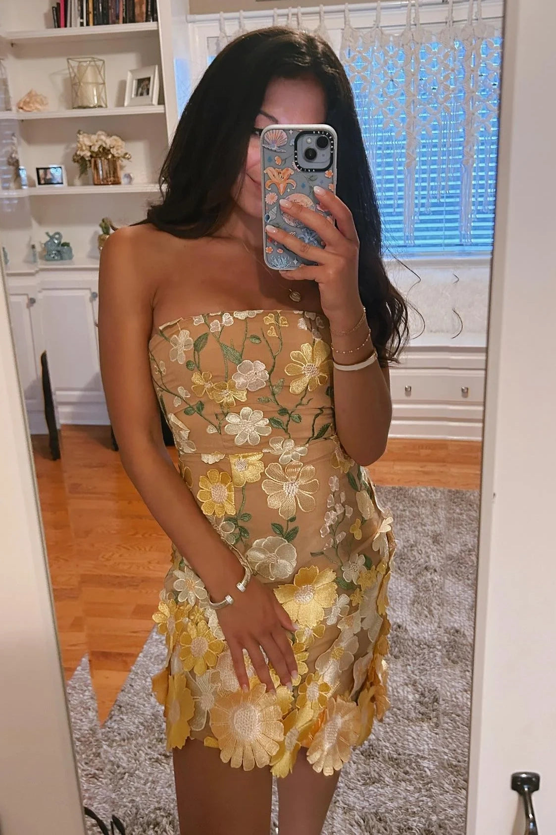 Yellow Floral Appliques Strapless Fitted Party Homecoming Dress